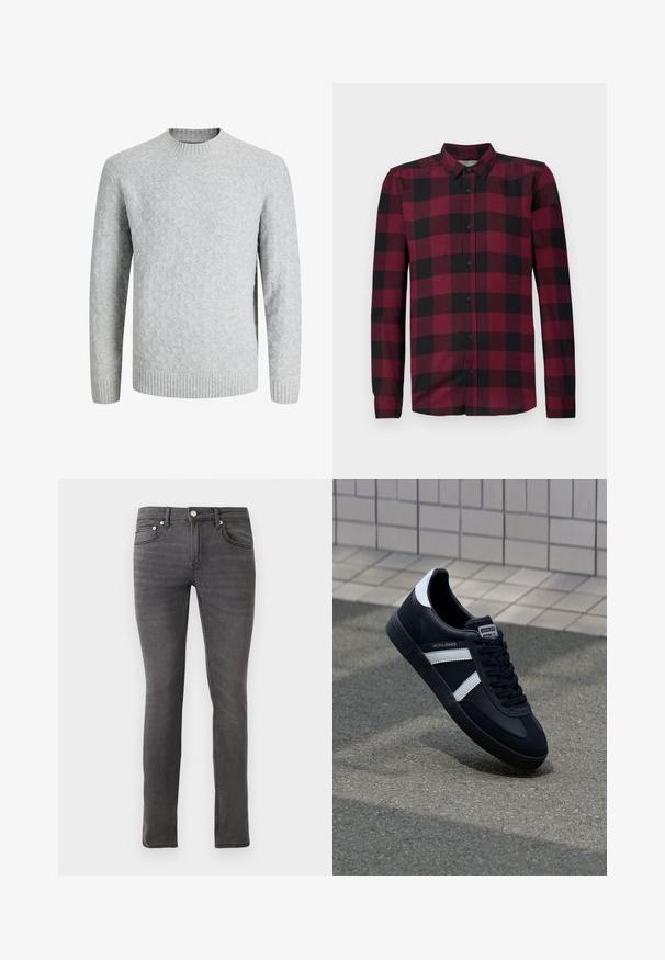 Lichtgrijze gebreide trui met diamantpatroon, geribde ronde hals, manchetten en zoom, lange mouwen, geschikt voor koud weer.; Langsleeve blouse met een rood en zwart geblokt patroon, klassieke kraag en fitted manchetten.; Grijze denim jeans met een slim fit, met een klassieke vijf-pocketontwerp, voorste knoopsluiting en subtiele textuurdetails overal.; Zwarte leren sneaker met witte strepen, een gestructureerde rubberen zool en vetersluiting aan de voorkant. Voorzien van een merklabel op de tong.