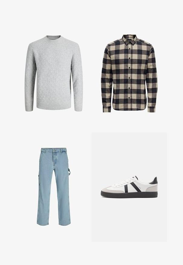 Jersey de punto gris claro con patrón de rombos, cuello redondo, puños y dobladillo acanalados, mangas largas, adecuado para clima frío.; Camisa de franela para hombre en negro y crema, con un clásico patrón de cuadros, cuello abotonado y mangas largas con puños abotonados.; Pantalones cargo de mezclilla azul claro con un corte relajado, que cuentan con lazos de sujeción laterales y bolsillos frontales, mostrando una textura desgastada.; Zapatilla blanca con acentos en negro y gris, que presenta una puntera texturizada en gris, suela de goma negra y cordones planos blancos. Diseño limpio, estilo minimalista.