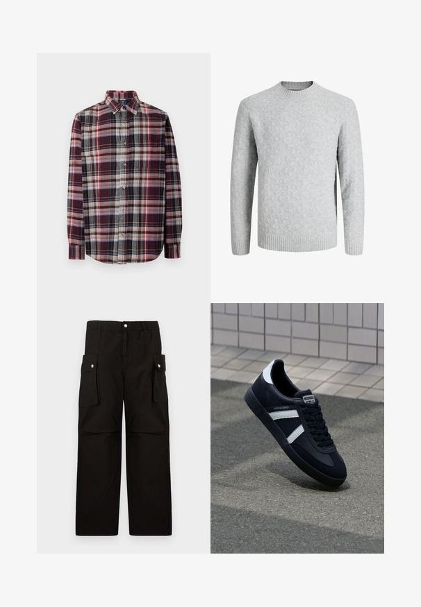 Lysegrå hjemmestrikket sweater med diamantmønster, ribstrikket rund halsudskæring, manchetter og kant, lange ærmer, velegnet til koldt vejr.; Skjorte med ternet mønster og krave. Den indeholder burgunder, grå og crème nuancer med et struktureret stof. Lange ærmer og detaljeret lomme foran.; Sorte cargo-bukser lavet af blødt stof, med elastisk talje, sidedroplommer med klapper og en løs, lige ben-design.; Sort lædersneaker med hvide striber, tekstureret gummisål og snørrebånd foran. Har et brandet mærke på tungen.