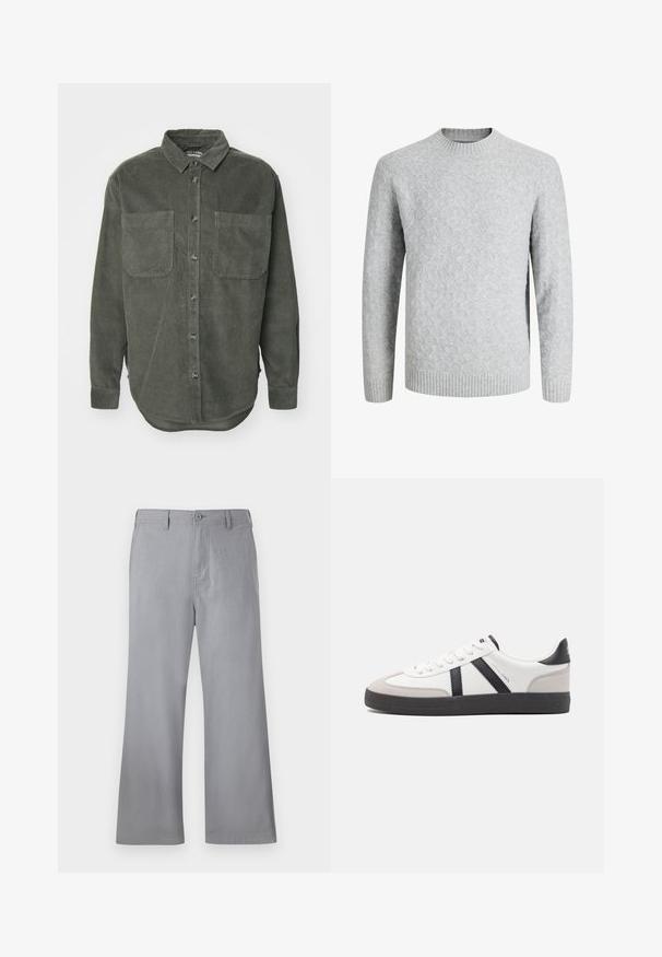 Pull gris clair en maille avec motif losange, col rond, poignets et ourlet côtelés, manches longues, adapté par temps froid.; Chemise en velours côtelé vert avec une fermeture à boutons, col pointu, deux poches poitrine et manches longues avec poignets à boutons, présentant un ourlet droit.; Pantalon large gris en tissu doux, avec une fermeture éclair sur le devant, des passants de ceinture et un design épuré sans motifs ni accents visibles.; Baskets blanches avec des accents noirs et gris, présentant un embout texturé gris, une semelle en caoutchouc noir et des lacets plats blancs. Design épuré, style minimaliste.