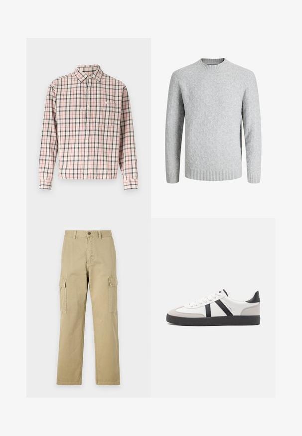 Jersey de punto gris claro con patrón de rombos, cuello redondo, puños y dobladillo acanalados, mangas largas, adecuado para clima frío.; Camisa de manga larga con botones, con un patrón a cuadros en rosa, blanco y gris, que incluye un bolsillo en el pecho con un botón.; Pantalones cargo beige de algodón, con dos bolsillos laterales, cierre de botón y perneras rectas con una tela ligeramente texturizada.; Zapatilla blanca con acentos en negro y gris, que presenta una puntera texturizada en gris, suela de goma negra y cordones planos blancos. Diseño limpio, estilo minimalista.