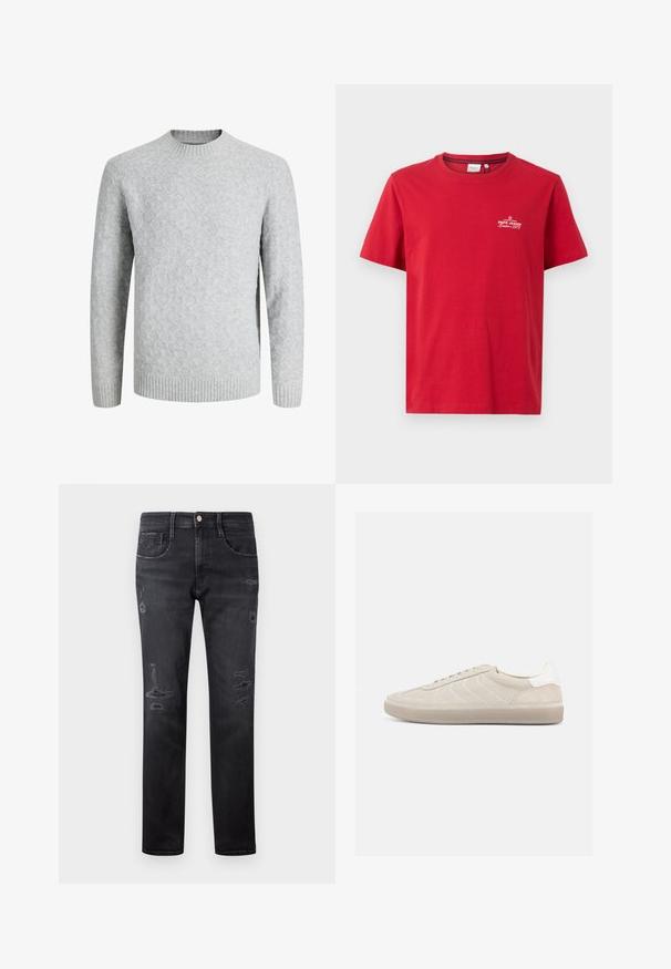 Pull gris clair en maille avec motif losange, col rond, poignets et ourlet côtelés, manches longues, adapté par temps froid.; Pepe Jeans THIAGO TEE - T-shirt imprimé - rugby red; Jeans en denim noir à coupe droite, avec des patchs déchirés, cinq poches, un petit bouton en métal et des passants de ceinture à la taille.; Baskets en daim beige avec une tige texturée, un contrefort de talon blanc lisse, de fines lacets et une semelle extérieure en caoutchouc. Présente un design bas profil.
