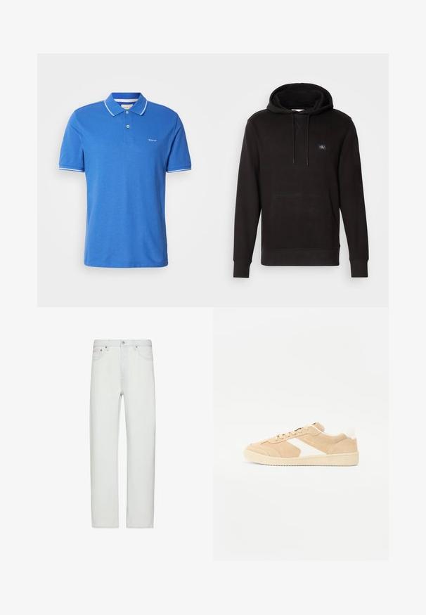 Sudadera negra de tela suave, con un bolsillo frontal tipo canguro, capucha con cordón y un pequeño parche de logo en el pecho.; Polo azul hecho de algodón con un cuello clásico. Presenta un ribete blanco en las mangas, un logo en el pecho y una tapeta de botones.; Vaqueros blancos de tiro alto y pernera recta con cierre frontal de botón y cremallera, trabillas para cinturón y bolsillos delanteros.; Zapatilla de ante beige con acentos blancos, puntera redonda y cierre con cordones. Parte superior texturizada y suela de goma con una marca discreta.