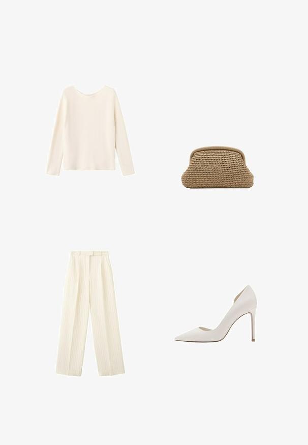 Pull tricot couleur crème à manches longues et col rond, présenté sur un fond blanc.; Pantalon large crème avec fines rayures verticales, plis à l'avant, passants pour ceinture et poches latérales.; Escarpin blanc à bout pointu avec un talon aiguille fin et une finition en cuir lisse.; Pochette tissée beige avec un bord supérieur arrondi et un extérieur doux et texturé, présentée sur un fond blanc.