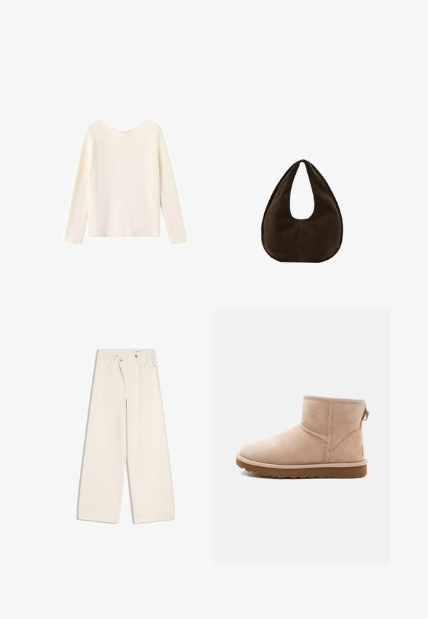 Pull tricot couleur crème à manches longues et col rond, présenté sur un fond blanc.; Pantalon large couleur écru avec poches avant, passants pour ceinture, et boutons argentés sur la ceinture et les bords des poches.; Bottine en daim beige à bout arrondi, avec des accents cousus et une semelle en caoutchouc brun texturé. Elle se distingue par une languette à l'arrière.; Sac à main en daim marron foncé en forme de croissant avec une seule sangle large et une texture lisse sur fond blanc.
