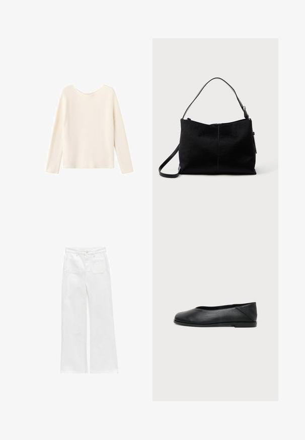 Kremfarvet strikket sweater med lange ærmer og rund halsudskæring, vist mod en hvid baggrund.; Hvide vide bukser lavet af denim, med knaplukning, fem lommer og en ren finish uden synlige dekorationer.; Sort læder flad balletsko med rundet tå og lav hæl, vist i sideprofil mod en ensartet lys baggrund.; Sort skuldertaske med en glat, tekstureret overflade, prydet med en enkelt rem og en lynlåslukning øverst. Kompakt rektangulær form.