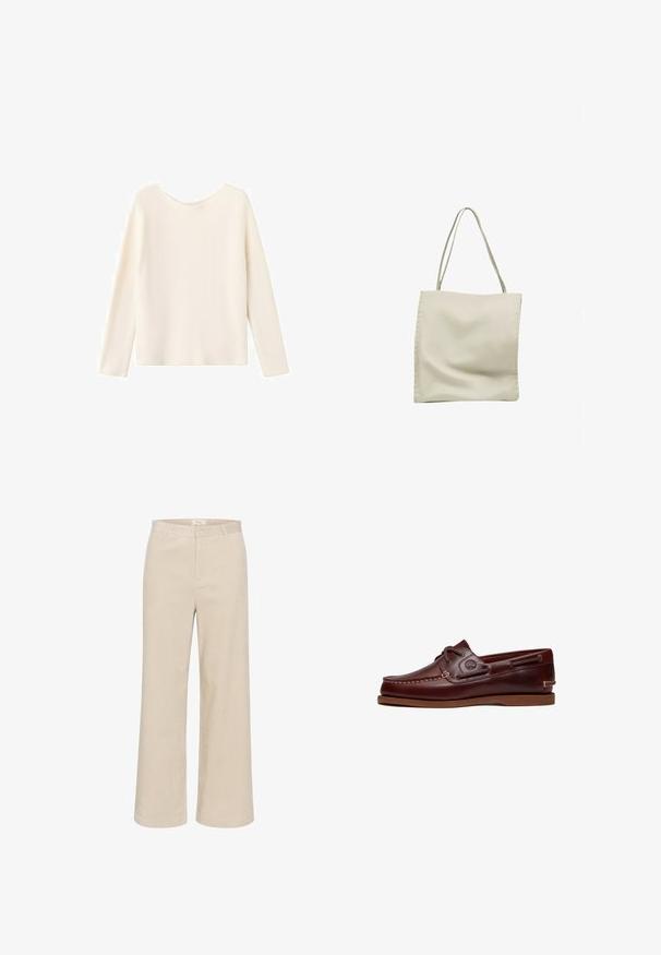Pull tricot couleur crème à manches longues et col rond, présenté sur un fond blanc.; Pantalons en velours côtelé beige à jambes larges, présentant une texture à côtes subtile, des passants de ceinture, une fermeture éclair à l'avant et deux poches latérales.; Chaussure bateau en cuir marron avec lacets, détails de couture et logo Timberland sur le côté, présentée sur un fond blanc.; Sac cabas en cuir souple couleur crème avec de fines anses d'épaule et des coutures visibles le long des bords sur fond blanc.