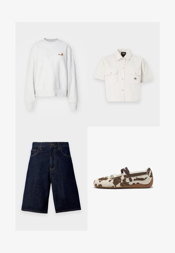 Grå crew-neck sweatshirt i et blødt stof med ribbede manchetter og kant; har broderet logo på brystet i gul og mørkerød.; Kortærmet, cropped hvid skjorte lavet af bomuld med to brystlommer, knap-lukning foran og et logo-patch på venstre lomme.; Mørkeblå denim shorts med lige snit, der har et klassisk fem-lomme design og kontrasterende guldtråde.; Flade sko i købmælkprint med en struktureret overdel i brun og creme, elastiske remme og en gummisål med et fleksibelt design.