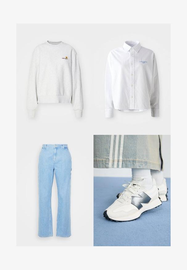 Grijze crewneck sweatshirt van een zachte stof met geribbelde manchetten en onderrand; voorzien van een geborduurd logo op de borst in geel en bordeauxrood.; Witte overhemdd met lichtblauwe verticale strepen, een puntige kraag en een klein blauw logo op de linkerborst. Katoenen stof, ontspannen pasvorm.; Lichtblauwe denim broek met een rechtengesneden ontwerp, hoge taille en knoopsluiting aan de voorkant. Bevat twee zijzakken en minimale stiksels.; Witte sport sneakers met een zilveren accent, textiel en glad leer; met een zwarte rubberen zool en veters.