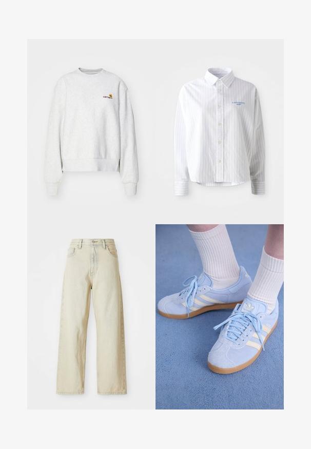 Grå crew-neck sweatshirt i et blødt stof med ribbede manchetter og kant; har broderet logo på brystet i gul og mørkerød.; Hvid skjorte med lyseblå lodrette striber, en spids krave og et lille blåt logo på venstre bryst. Forarbejdet i bomuldsstof, afslappet pasform.; Løse denimjeans i en lys beige nuance med forlommer, høj talje og subtile syninger. Fremstillet af struktureret denimstof.; Lyseblå ruskindsneakers med hvide striber, flade snørebånd og en sål af gummirubber. Ribbet hvide sokker bæres over anklen.