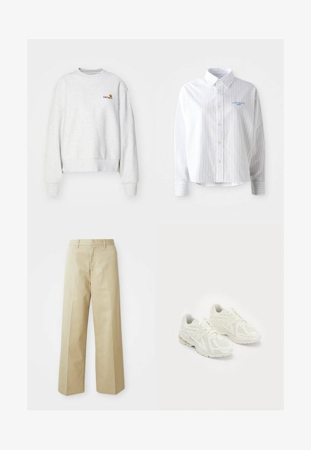 Grå crew-neck sweatshirt i et blødt stof med ribbede manchetter og kant; har broderet logo på brystet i gul og mørkerød.; Hvid skjorte med lyseblå lodrette striber, en spids krave og et lille blåt logo på venstre bryst. Forarbejdet i bomuldsstof, afslappet pasform.; Beige vide bukser lavet af bomuld med en glat tekstur. Har en lige pasform, bæltestropper og skrå lommer.; Hvide sportssko i mesh og syntetiske materialer, snørebåndsdesign, polstret krave og tekstureret sål for bedre greb. Letvægts konstruktion.