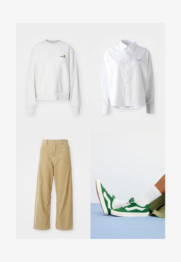 Sudadera gris de cuello redondo en una tela suave con puños y dobladillo de punto; presenta un logo bordado en el pecho en amarillo y burdeos.; Camisa blanca de botones con rayas verticales en azul claro, un cuello puntiagudo y un pequeño logo azul en el lado izquierdo del pecho. Tejido de algodón, corte relajado.; Pantalones de pana beige con cintura alta, pernera ancha, bolsillos frontales y cierre con un solo botón metálico. Textura suave con un suave acanalado.; Zapatillas de ante verde con acentos blancos, cordones texturizados que presentan detalles en rosa y una suela de goma beige, combinadas con calcetines blancos y pantalones cortos verdes.