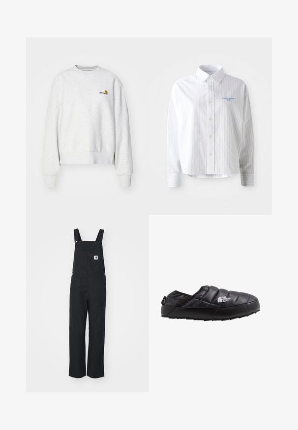 Grijze crewneck sweatshirt van een zachte stof met geribbelde manchetten en onderrand; voorzien van een geborduurd logo op de borst in geel en bordeauxrood.; Witte overhemdd met lichtblauwe verticale strepen, een puntige kraag en een klein blauw logo op de linkerborst. Katoenen stof, ontspannen pasvorm.; Zwarte stoffen overall met verstelbare schouderbanden, voorzak en zijknopen. Recht model, gladde textuur, minimalistische stijl.; Zwarte geïsoleerde instapschoen met een gewatteerde bovenkant, rubberen zool en textuurdetails. Voorzien van een hiel trekhaak en merknaam aan de zijkant.