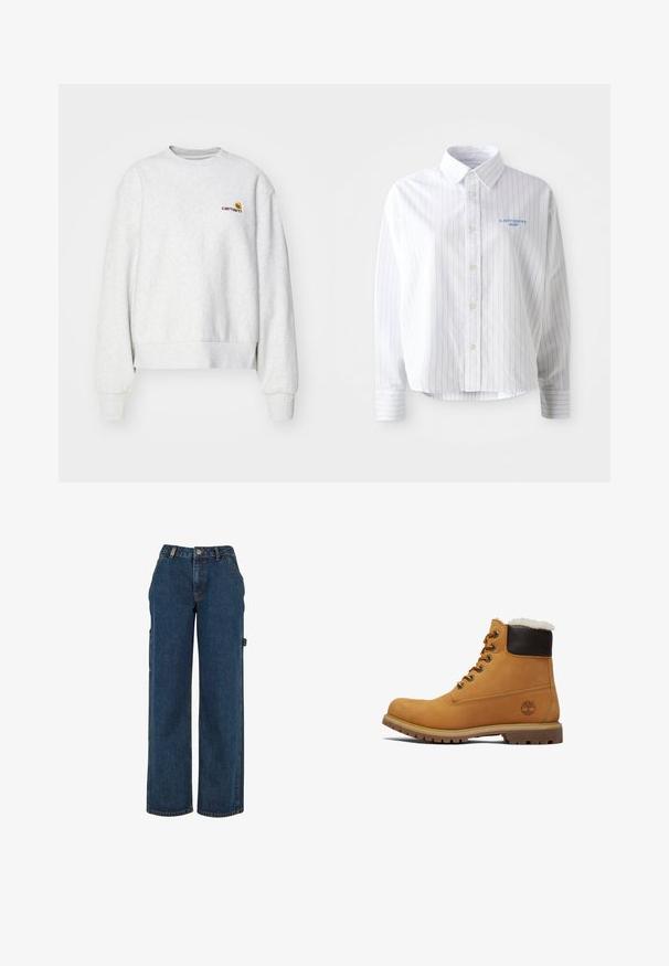 Sudadera gris de cuello redondo en una tela suave con puños y dobladillo de punto; presenta un logo bordado en el pecho en amarillo y burdeos.; Camisa blanca de botones con rayas verticales en azul claro, un cuello puntiagudo y un pequeño logo azul en el lado izquierdo del pecho. Tejido de algodón, corte relajado.; Pantalones cargo de mezclilla azul oscuro con cintura alta, diseño de pierna ancha y bolsillos laterales. Presentan costuras visibles y detalles de herrajes metálicos.; Botín de tobillo de cuero marrón claro con un cuello acolchado marrón, ojales de metal y una suela texturizada y duradera. Presenta un logo cerca del talón.