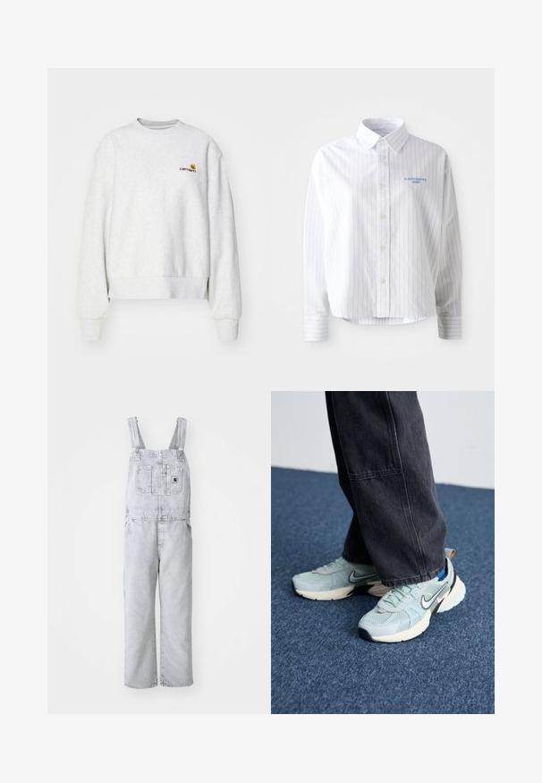 Grå crew-neck sweatshirt i et blødt stof med ribbede manchetter og kant; har broderet logo på brystet i gul og mørkerød.; Hvid skjorte med lyseblå lodrette striber, en spids krave og et lille blåt logo på venstre bryst. Forarbejdet i bomuldsstof, afslappet pasform.; Grå denim-arbejdsbukser med justerbare stroppper, en frontlomme og sidelommer; løs, lige ben-design; falmet vask med minimal tekstur.; Lyseblå mesh Nike sneakers med struktureret finish, sort swoosh og cremefarvet mellemsål, parret med mørkegrå vide bukser.