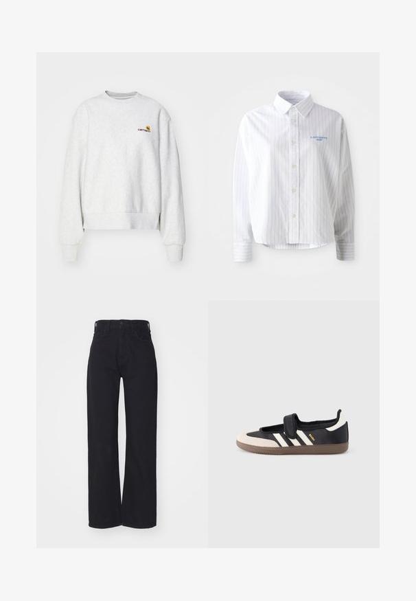Grå crew-neck sweatshirt i et blødt stof med ribbede manchetter og kant; har broderet logo på brystet i gul og mørkerød.; Hvid skjorte med lyseblå lodrette striber, en spids krave og et lille blåt logo på venstre bryst. Forarbejdet i bomuldsstof, afslappet pasform.; Sorte højtaljede bredbenede jeans med frontknap og lynlås, bæltestropper og to forlommer på hvid baggrund.; Sort og beige sko med velcrolukning, tre hvide striber på siden og en tekstureret brun gummisål. Mærkelogo er synligt.