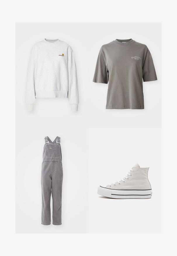 Sudadera gris de cuello redondo en una tela suave con puños y dobladillo de punto; presenta un logo bordado en el pecho en amarillo y burdeos.; Camiseta de algodón gris con mangas cortas, cuello redondo y un pequeño logo de Carhartt WIP impreso en el frente. Textura suave, ajuste relajado.; Overoles de mezclilla gris con tirantes ajustables, un bolsillo frontal y un ajuste relajado. Cuenta con piernas de corte recto y un color sólido en toda la prenda.; Zapatillas altas de lona blanca con suela de goma, detalle de franja negra y ojales blancos, con punta redondeada y textura suave.