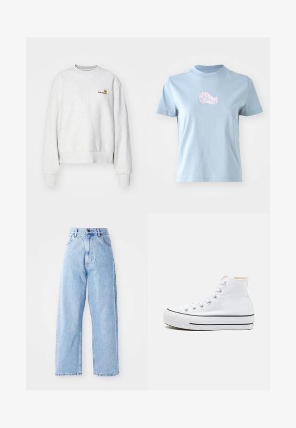 Grå crew-neck sweatshirt i et blødt stof med ribbede manchetter og kant; har broderet logo på brystet i gul og mørkerød.; Lyseblå bomulds T-shirt med korte ærmer og høj halsudskæring, prydet med et lille pink broderet skaldesign på forsiden.; Højhalset lysblå denimjeans med lige vide ben, frontknap, lynlås lukning samt front- og baglommer.; Hvide høj-top sneakers lavet af kanvasmateriale, sort gummisål og kontrasterende sort stribe på mellemsålen. Rund tåhætte og snørebåndsdesign.