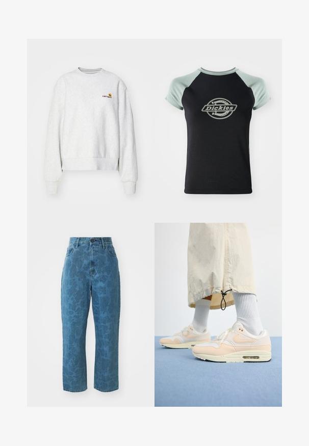 Grauer Rundhalsausschnitt-Pullover aus weichem Material mit gerippten Bündchen und Saum; mit gesticktem Logo auf der Brust in Gelb und Kastanienbraun.; Schwarzes T-Shirt mit hellgrünen Raglanärmeln. Mit einem zentralen runden Logo, das den Text "Dickies" im Seil-Design zeigt. Weicher Stoff.; Hellblaue Jeans aus Denim mit subtiler gemusterter Textur, hoher Taille und geradem Bein. Mit einem vorderen Knopf- und Reißverschluss.; Leichte Nike Air Max 1 Sneaker verfügen über ein oberes Material in Weiß und sanftem Pfirsich, hergestellt aus Mesh und Leder, einer sichtbaren Luftpolsterung und einer strukturierten Sohle.