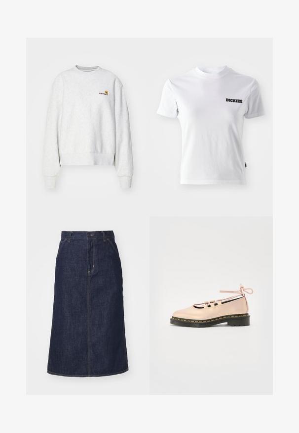 Grå crew-neck sweatshirt i et blødt stof med ribbede manchetter og kant; har broderet logo på brystet i gul og mørkerød.; Hvid kortærmet T-shirt lavet af bomuld med rund hals og sort "DICKIES" logo på venstre brystområde. Glat tekstur og tætsiddende design.; Mørk denimnederdel med høj talje, lige skæring, forlommer og stikninger. Har lynlås og knaplukning i taljen.; Bleg pink lædersko med rund tå, snørebåndsdetaljer og en sort platformsål prydet med gule syninger.