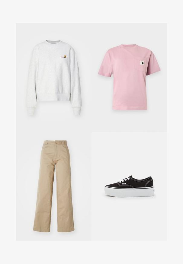 Grå crew-neck sweatshirt i et blødt stof med ribbede manchetter og kant; har broderet logo på brystet i gul og mørkerød.; Lyserød T-shirt med korte ærmer og en lomme på venstre bryst med et lille Carhartt-logo.; Beige brede bukser lavet af bomuld, med knaplukning og bælteholder, med en glat tekstur og ren finish.; Sort lærred sneakers med en hvid gummi platform sål, der har hvide snørebånd og syninger, ikonisk branding på siden, lav-top design.