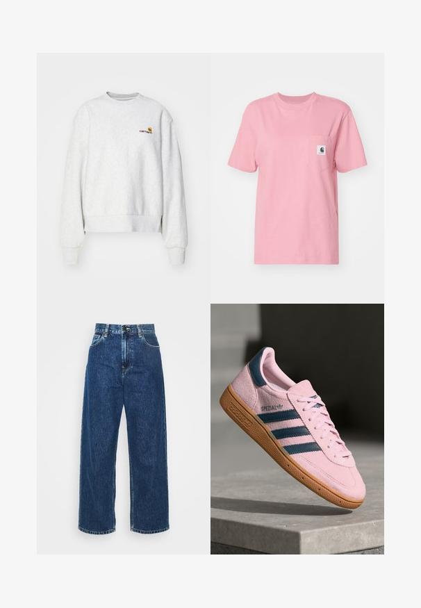 Grauer Rundhalsausschnitt-Pullover aus weichem Material mit gerippten Bündchen und Saum; mit gesticktem Logo auf der Brust in Gelb und Kastanienbraun.; Carhartt WIP POCKET - T-Shirt basic - dusty rose; Helle blaue Denim-Breitbeinhosen mit hoher Taille, sichtbaren Nähten und normalen Taschen. Verfügt über einen Knopf- und Reißverschluss.; Hellrosa Wildleder-Sneaker mit navyblauen drei Streifen, Gummisohle und hellrosa Schnürsenkeln. Mit "SPEZIAL"-Branding an der Seite.