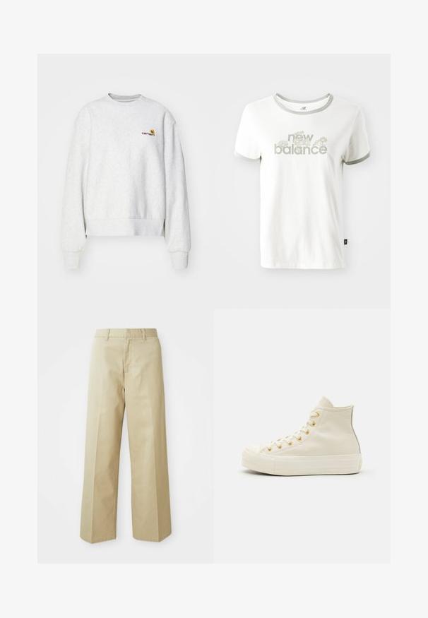 Grå crew-neck sweatshirt i et blødt stof med ribbede manchetter og kant; har broderet logo på brystet i gul og mørkerød.; Hvid bomulds T-shirt med grå kant, der har et blomstermotiv og teksten "new balance" i lys grøn. Korte ærmer, almindelig pasform.; Beige vide bukser lavet af bomuld med en glat tekstur. Har en lige pasform, bæltestropper og skrå lommer.; Høje sneakers lavet af cremet læder med guldøjer og en struktureret overflade. Har en gummisål og en afrundet tå.