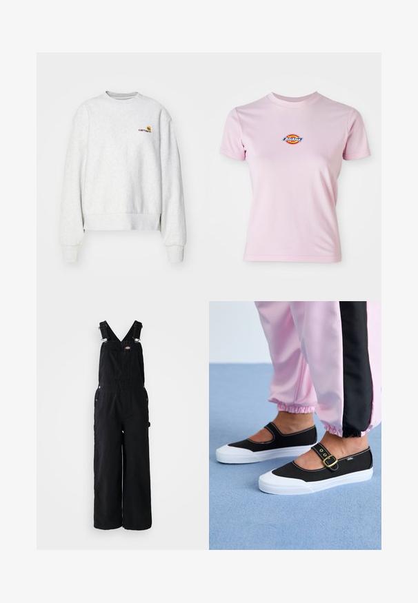 Grauer Rundhalsausschnitt-Pullover aus weichem Material mit gerippten Bündchen und Saum; mit gesticktem Logo auf der Brust in Gelb und Kastanienbraun.; Rosa Baumwoll-T-Shirt mit kurzen Ärmeln, Rundhalsausschnitt und einem kleinen runden Logo in Rot, Gelb und Blau auf der Brust.; Schwarze Denim-Latzhosen mit weitem Bein, verstellbaren Schulterriemen, Fronttasche und silbernen Hardware-Akzenten. Glatte Textur, minimalistisches Design.; Schwarze Leinenschuhe mit einer weißen Sohle, die ein Ausschnittdesign und einen goldenen Schnallenriegel aufweisen. Getragen mit rosa Sporthosen.