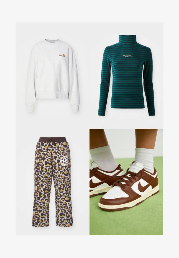 Grå crew-neck sweatshirt i et blødt stof med ribbede manchetter og kant; har broderet logo på brystet i gul og mørkerød.; Langærmet turtleneck top i teal med mørkeblå vandrette striber. Har et lille hvidt og guld logo på brystet. Blødt, strækbart stof.; Svet pants i leopardmønster i brune og gule nuancer med snoretræk i livet og hvid "alpha industries" tekst på venstre ben.; Brune og hvide lædersneakers med perforeret tå, strukturerede detaljer og flade snørebånd. Modellen har et lavt design og gummisål.