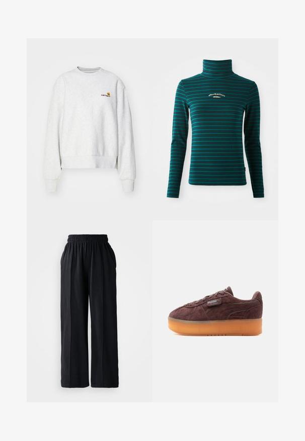 Grå crew-neck sweatshirt i et blødt stof med ribbede manchetter og kant; har broderet logo på brystet i gul og mørkerød.; Langærmet turtleneck top i teal med mørkeblå vandrette striber. Har et lille hvidt og guld logo på brystet. Blødt, strækbart stof.; Sorte brede bukser med elastisk linning, lavet af blødt stof, der har en glat tekstur og rene designlinjer.; Brun ruskinds-Puma Palermo-sneaker med tyk, gennemsigtig orange sål og syet logomærkat på siden.