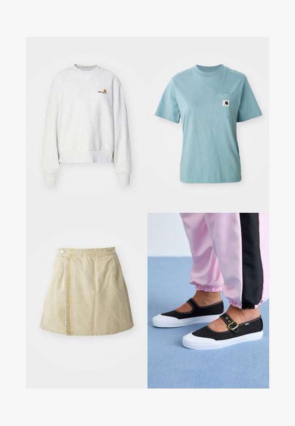 Grå crew-neck sweatshirt i et blødt stof med ribbede manchetter og kant; har broderet logo på brystet i gul og mørkerød.; Lyseblå kortærmet bomulds T-shirt med brystlomme og et lille sort-hvidt Carhartt logo patch.; Khaki mini nederdel lavet af blødt stof, med lukning på siden, glat tekstur og en let udvidet silhuet med nederkanten over knæet.; Sorte lærredssko med en hvid sål, der har et udskæringsdesign og et guldspænde. Bæret med lyserøde træningsbukser.