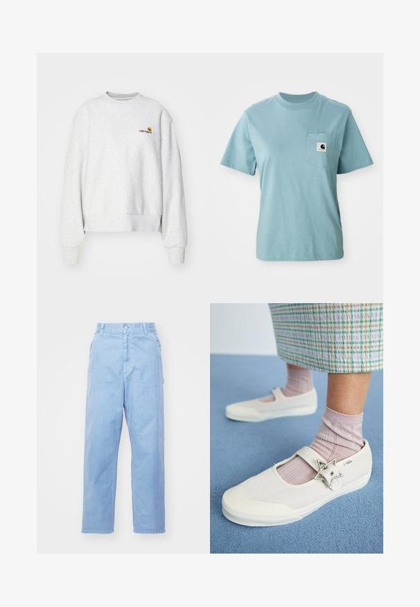 Sweatshirt gris à col rond en tissu doux avec des poignets et un ourlet côtelés ; présente un logo brodé sur la poitrine en jaune et bordeaux.; T-shirt en coton léger bleu clair à manches courtes avec poche poitrine affichant un petit patch logo Carhartt noir et blanc.; Pantalons en denim bleu clair avec une coupe droite, fermeture à bouton et poches avant. Le tissu a une texture subtile avec une finition lisse.; Des chaussures blanches en toile avec une tige en daim, une sangle sur le cou-de-pied et un accent en argent en forme d'étoile. Associées à des chaussettes côtelées rose clair.
