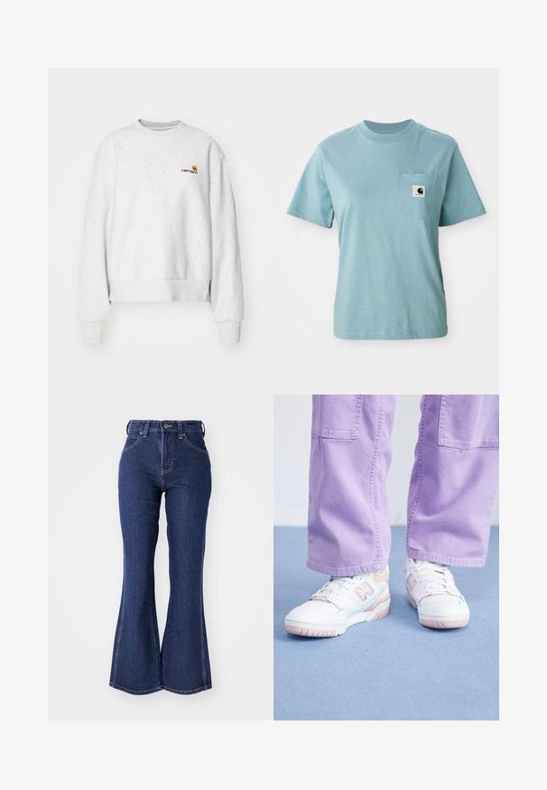 Sudadera gris de cuello redondo en una tela suave con puños y dobladillo de punto; presenta un logo bordado en el pecho en amarillo y burdeos.; Camiseta de algodón de manga corta color azul claro con bolsillo en el pecho que presenta un pequeño parche del logotipo en blanco y negro de Carhartt.; Vaqueros de tiro alto en denim de color azul oscuro, con cierre de botón en la parte frontal y costuras blancas en contraste a lo largo de las costuras.; Zapatillas blancas con acentos rosas, parte superior de cuero texturizado y suela de goma, combinadas con pantalones de pierna ancha de color púrpura claro sobre una superficie azul.