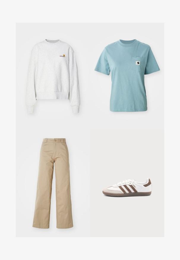 Grå crew-neck sweatshirt i et blødt stof med ribbede manchetter og kant; har broderet logo på brystet i gul og mørkerød.; Lyseblå kortærmet bomulds T-shirt med brystlomme og et lille sort-hvidt Carhartt logo patch.; Beige brede bukser lavet af bomuld, med knaplukning og bælteholder, med en glat tekstur og ren finish.; Hvid Adidas Samba sneaker med brune ruskindstriber, brun gummisål og beige ruskindståhætte, vist fra ydersiden på en ensfarvet baggrund.