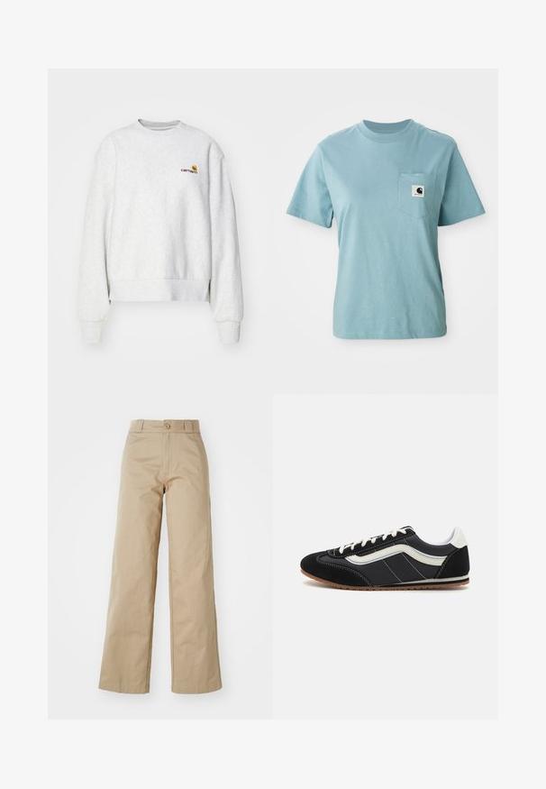 Grijze crewneck sweatshirt van een zachte stof met geribbelde manchetten en onderrand; voorzien van een geborduurd logo op de borst in geel en bordeauxrood.; Lichtblauw katoenen T-shirt met korte mouwen en een borstzak, voorzien van een klein zwart-wit Carhartt logo patch.; Beige wijde broek van katoen, met een knoopsluiting en riemlussen, met een gladde textuur en een nette afwerking.; Zwarte suède en nylon sneaker met een witte zijstripe, witte veters en een rubberen gumzool, met een laag profiel ontwerp.