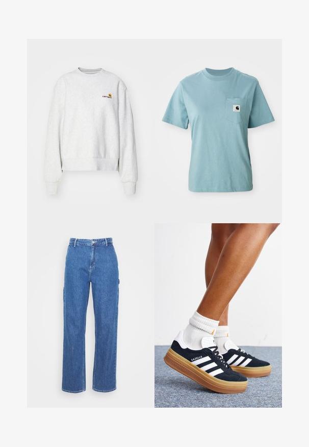 Grå crew-neck sweatshirt i et blødt stof med ribbede manchetter og kant; har broderet logo på brystet i gul og mørkerød.; Lyseblå kortærmet bomulds T-shirt med brystlomme og et lille sort-hvidt Carhartt logo patch.; Blå denim bukser med høj talje og lige ben, der har en frontknaplukning og sidelommer. Glat tekstur uden synlige mønstre.; Ben iført hvide sokker og sorte Adidas Gazelle sneakers med hvide striber og tykke brune såler på et gråt tæppe.