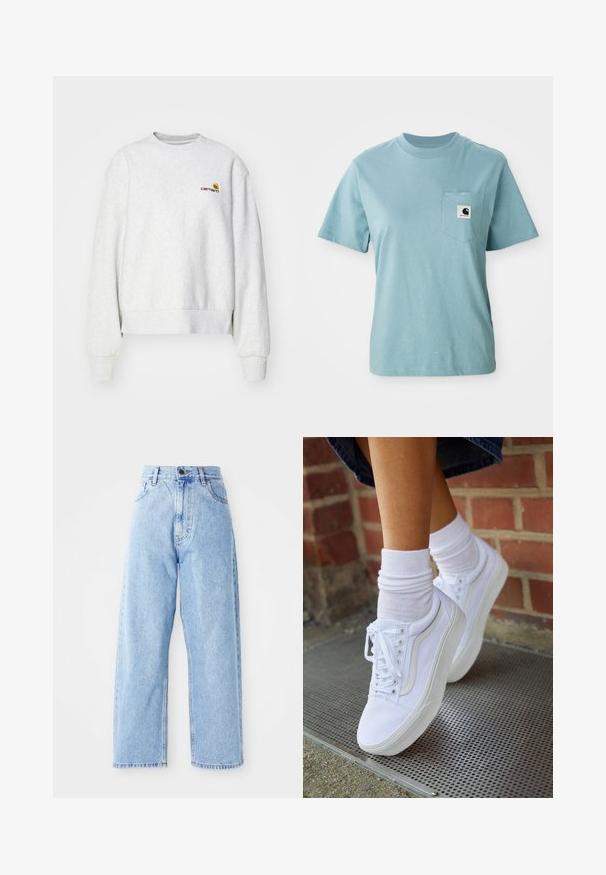 Sweatshirt gris à col rond en tissu doux avec des poignets et un ourlet côtelés ; présente un logo brodé sur la poitrine en jaune et bordeaux.; T-shirt en coton léger bleu clair à manches courtes avec poche poitrine affichant un petit patch logo Carhartt noir et blanc.; Jeans en denim bleu clair taille haute avec des jambes droites larges, fermeture à bouton à l'avant, fermeture éclair et poches avant et arrière.; Baskets en toile blanches avec semelles en caoutchouc, dotées de six œillets, d'un bout rond et de détails de couture légers, portées avec des chaussettes blanches mi-mollet.