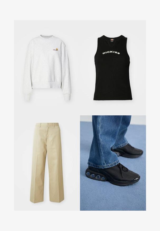 Grauer Rundhalsausschnitt-Pullover aus weichem Material mit gerippten Bündchen und Saum; mit gesticktem Logo auf der Brust in Gelb und Kastanienbraun.; Schwarzes ärmelloses Tanktop mit gerippter Textur, mit einem weißen, geschwungenen "DICKIES"-Logo auf der Brust und einem V-Ausschnitt.; Beige weite Hose aus Baumwolle mit glatter Textur. Verfügt über einen geraden Schnitt, Gürtelschlaufen und Fronttaschen.; Schwarze sportschuhe mit atmungsaktivem Mesh-Obermaterial, strukturierten Akzenten und sichtbaren Luftpolstern in der Sohle. Getragen mit blauen Jeans.