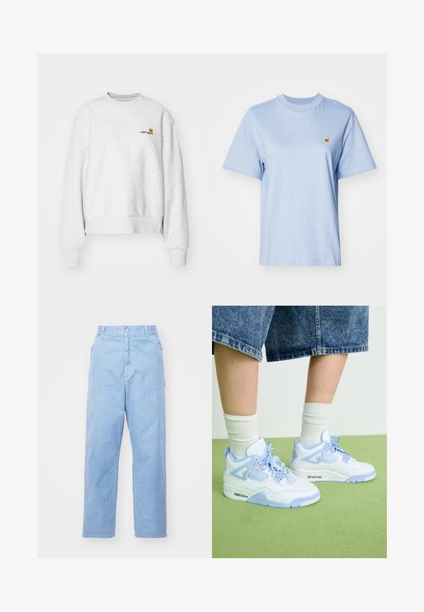 Grå crew-neck sweatshirt i et blødt stof med ribbede manchetter og kant; har broderet logo på brystet i gul og mørkerød.; Lys blå bomulds t-shirt med korte ærmer, rund halsudskæring og lille gul broderet logo på brystet. Blød tekstur, afslappet pasform.; Lyseblå denimbukser med lige ben-design, knaplukning og forlommer. Stof har en subtil tekstur med en glat finish.; Hvide og lyseblå sneakers med mesh-detaljer, rund tå, snørebånd og en luftdæmpningsenhed, parret med hvide ribbede sokker og denimshorts.