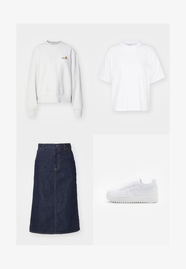 Sweatshirt gris à col rond en tissu doux avec des poignets et un ourlet côtelés ; présente un logo brodé sur la poitrine en jaune et bordeaux.; T-shirt en coton blanc avec un col rond, des manches courtes et une coupe décontractée. Présente un logo discret sur la zone gauche de la poitrine. Texture lisse.; Jupe en denim foncé à taille haute, coupe droite, poches avant et coutures surpiquées. Fermeture à glissière et bouton à la taille.; Baskets plateformes blanches avec une texture en cuir lisse, des détails perforés et des lacets plats ; dotées d'une épaisse semelle en caoutchouc blanc.