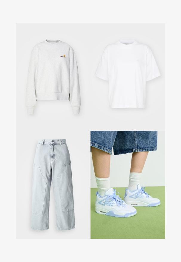 Grå crew-neck sweatshirt i et blødt stof med ribbede manchetter og kant; har broderet logo på brystet i gul og mørkerød.; Hvid bomulds t-shirt med rund hals, korte ærmer og en afslappet pasform. Har et diskret logo på venstre brystområde. Glat tekstur.; Lys blå denim bred benbukser med store sidelommer, høj talje og løst fit. Slidte tekstur med en falmet finish.; Hvide og lyseblå sneakers med mesh-detaljer, rund tå, snørebånd og en luftdæmpningsenhed, parret med hvide ribbede sokker og denimshorts.