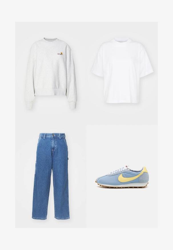 Grå crew-neck sweatshirt i et blødt stof med ribbede manchetter og kant; har broderet logo på brystet i gul og mørkerød.; Hvid bomulds t-shirt med rund hals, korte ærmer og en afslappet pasform. Har et diskret logo på venstre brystområde. Glat tekstur.; Blå denim wide-leg bukser med høj talje, knaplukning og sidelommer. Bleget vask med en blød tekstur og lige snit.; Blå mesh- og ruskinds-sneakers med gul Nike swoosh, hvide snørebånd og lysebrun sål; klassisk atletisk design.