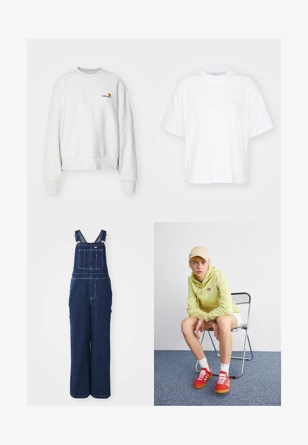 Grå crew-neck sweatshirt i et blødt stof med ribbede manchetter og kant; har broderet logo på brystet i gul og mørkerød.; Hvid bomulds t-shirt med rund hals, korte ærmer og en afslappet pasform. Har et diskret logo på venstre brystområde. Glat tekstur.; Denim overalls i mørkeblå, med justerbare stropper, brystlomme, sidelommer og en løs, bred benpasform. Klassiske syninger.; Lysegrøn hættetrøje med logo, hvide shorts, røde sneakers med hvide striber, siddende på en krom foldebænk mod en neutral baggrund.