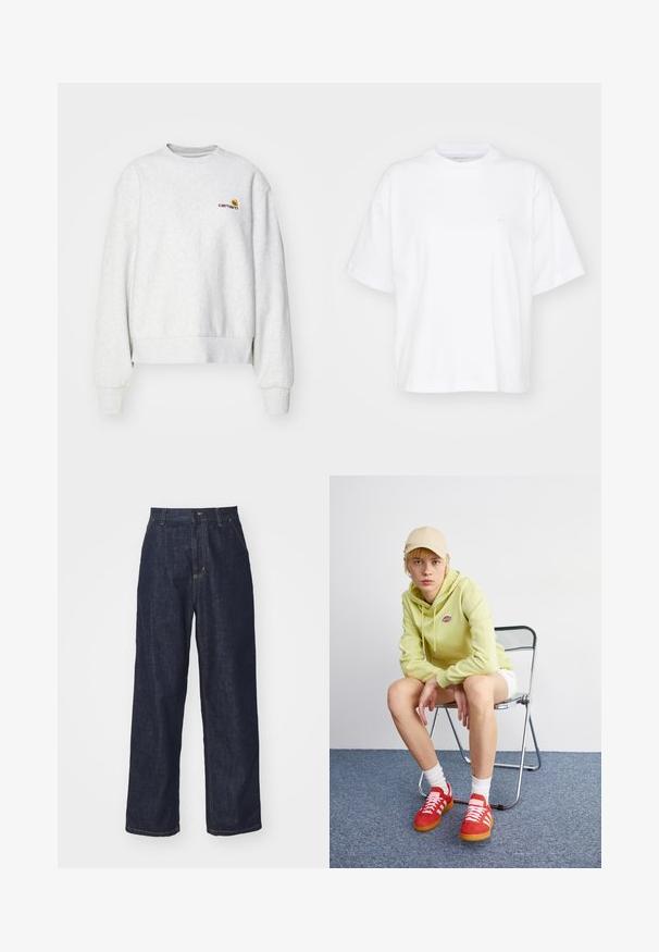 Sweatshirt gris à col rond en tissu doux avec des poignets et un ourlet côtelés ; présente un logo brodé sur la poitrine en jaune et bordeaux.; T-shirt en coton blanc avec un col rond, des manches courtes et une coupe décontractée. Présente un logo discret sur la zone gauche de la poitrine. Texture lisse.; Jeans en denim droit bleu foncé avec passants de ceinture, bouton avant et poches latérales sur fond blanc.; Un sweat à capuche vert clair avec logo, un short blanc, des baskets rouges avec rayures blanches, assis sur une chaise pliante en chrome contre un fond neutre.