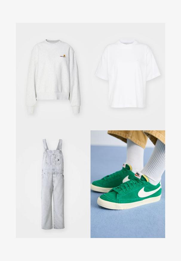 Grå crew-neck sweatshirt i et blødt stof med ribbede manchetter og kant; har broderet logo på brystet i gul og mørkerød.; Hvid bomulds t-shirt med rund hals, korte ærmer og en afslappet pasform. Har et diskret logo på venstre brystområde. Glat tekstur.; Grå denim-arbejdsbukser med justerbare stroppper, en frontlomme og sidelommer; løs, lige ben-design; falmet vask med minimal tekstur.; Grønne ruskind sneakers med hvid Nike swoosh, gummisål og polstret krave. Tekstur overdel med flade snørebånd og livlige farveaccenter.