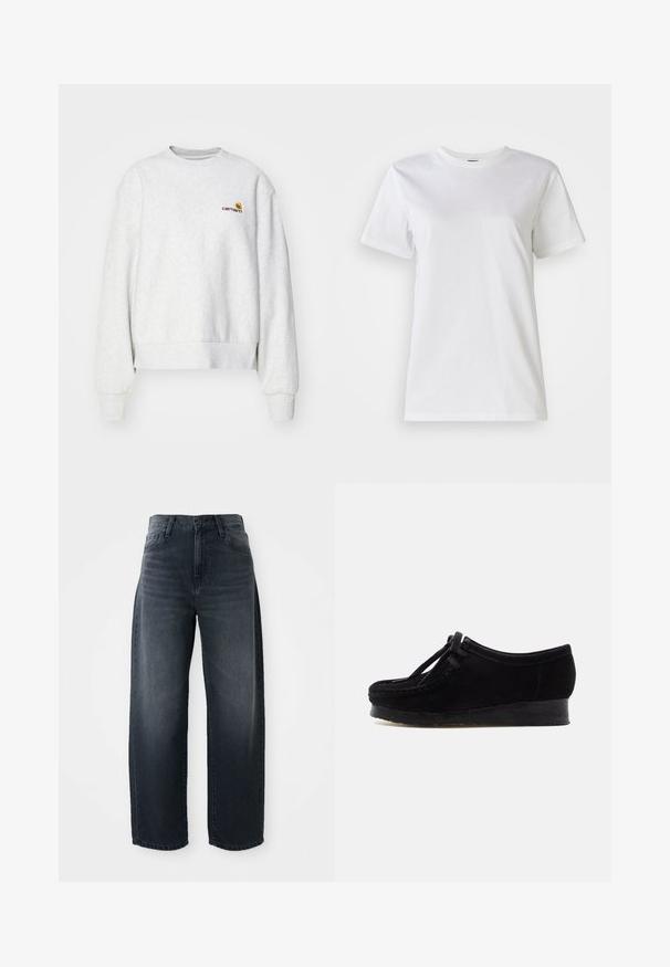 Sudadera gris de cuello redondo en una tela suave con puños y dobladillo de punto; presenta un logo bordado en el pecho en amarillo y burdeos.; Camiseta blanca de algodón con cuello redondo y mangas cortas. La tela es suave con una textura agradable y sin patrones ni acentos visibles.; Jeans de pierna ancha en denim de lavado oscuro, con una cintura alta, cierre clásico de botón y cremallera, y un ligero desvanecimiento en el frente.; Zapato de ante negro con puntera redondeada, costura en el borde y detalle de cordones. Presenta una suela de goma tipo cuña baja para mayor comodidad.
