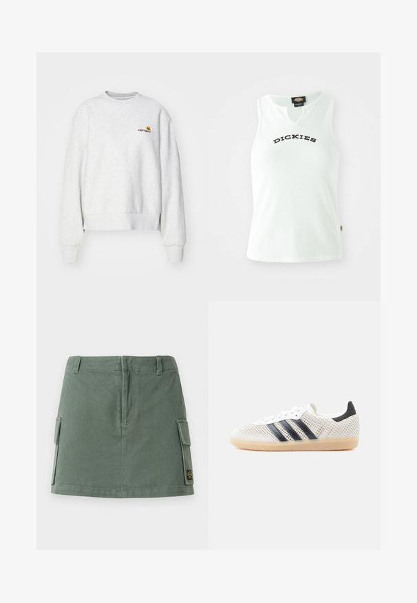 Sweatshirt gris à col rond en tissu doux avec des poignets et un ourlet côtelés ; présente un logo brodé sur la poitrine en jaune et bordeaux.; Débardeur blanc à côtes avec un design en V, affichant le mot "DICKIES" en lettres noires en gras sur la poitrine. Sans manches.; Jupe en denim vert avec une taille ajustée, deux poches latérales et une patch sur le bas à droite. Texture lisse avec un léger brillant.; Baskets en maille blanche avec un design à trois bandes noires, bout arrondi et semelle en caoutchouc gomme. Dotées d'un col de talon souple et d'une fermeture à lacets.