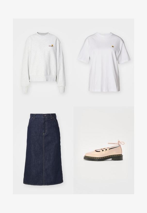 Grauer Rundhalsausschnitt-Pullover aus weichem Material mit gerippten Bündchen und Saum; mit gesticktem Logo auf der Brust in Gelb und Kastanienbraun.; Weißes Baumwoll-T-Shirt mit lockerem Schnitt, kurzen Ärmeln und einem kleinen gestickten Logo auf der linken Brustseite.; Dunkelblaue Jeansrock mit hoher Taille, geradem Schnitt, aufgesetzten Taschen und genähten Nähten. Mit einem Reißverschluss und einem Knopfverschluss an der Taille.; Helle rosa Leder-Schuh mit runder Zehenpartie, Schnürdetails und einer schwarzen Plattformsohle, die mit gelben Nähten akzentuiert ist.