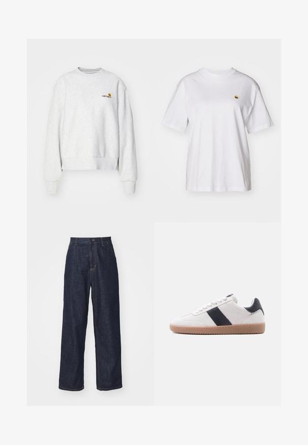Sweatshirt gris à col rond en tissu doux avec des poignets et un ourlet côtelés ; présente un logo brodé sur la poitrine en jaune et bordeaux.; T-shirt en coton blanc avec une coupe décontractée, des manches courtes et un petit logo brodé sur la poitrine gauche.; Jeans en denim droit bleu foncé avec passants de ceinture, bouton avant et poches latérales sur fond blanc.; Baskets en daim blanc avec semelle en caoutchouc marron clair et bande en cuir noir ainsi que un onglet au talon, vues de côté sur un fond blanc.