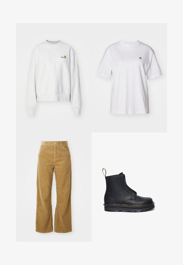 Sweatshirt gris à col rond en tissu doux avec des poignets et un ourlet côtelés ; présente un logo brodé sur la poitrine en jaune et bordeaux.; T-shirt en coton blanc avec une coupe décontractée, des manches courtes et un petit logo brodé sur la poitrine gauche.; Pantalons large en velours côtelé marron clair, présentant un motif côtelé texturé, cinq poches et un bouton de fermeture à la taille.; Bottine noire en cuir avec des panneaux latéraux élastiques, bout arrondi, couture jaune contrastante et semelle en caoutchouc épaisse.